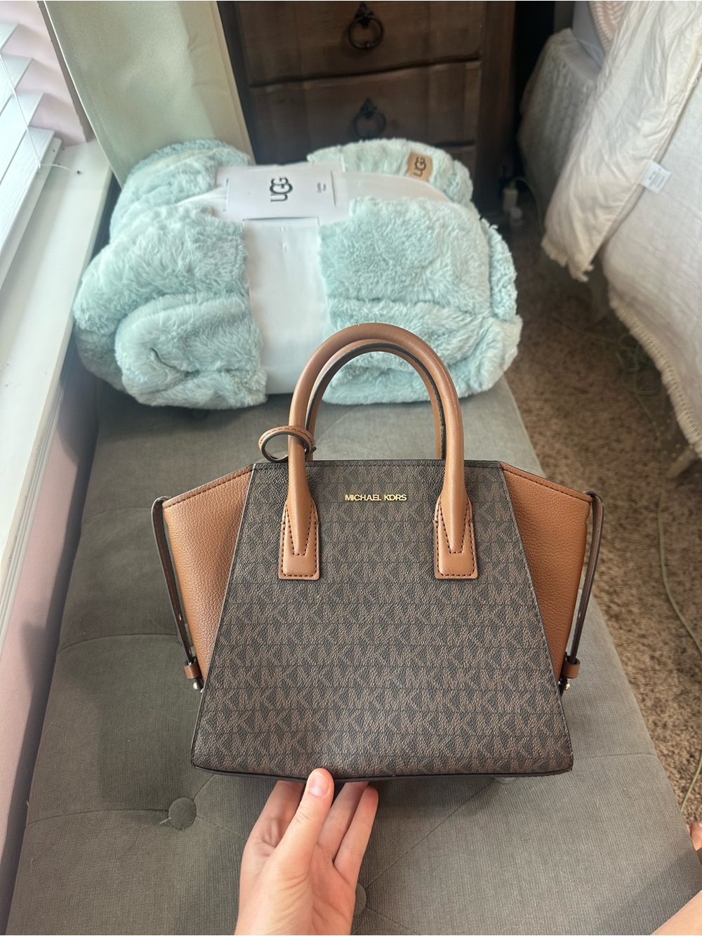 Michael Kors Brown and Tan Signature Saffiano Mini Satchel